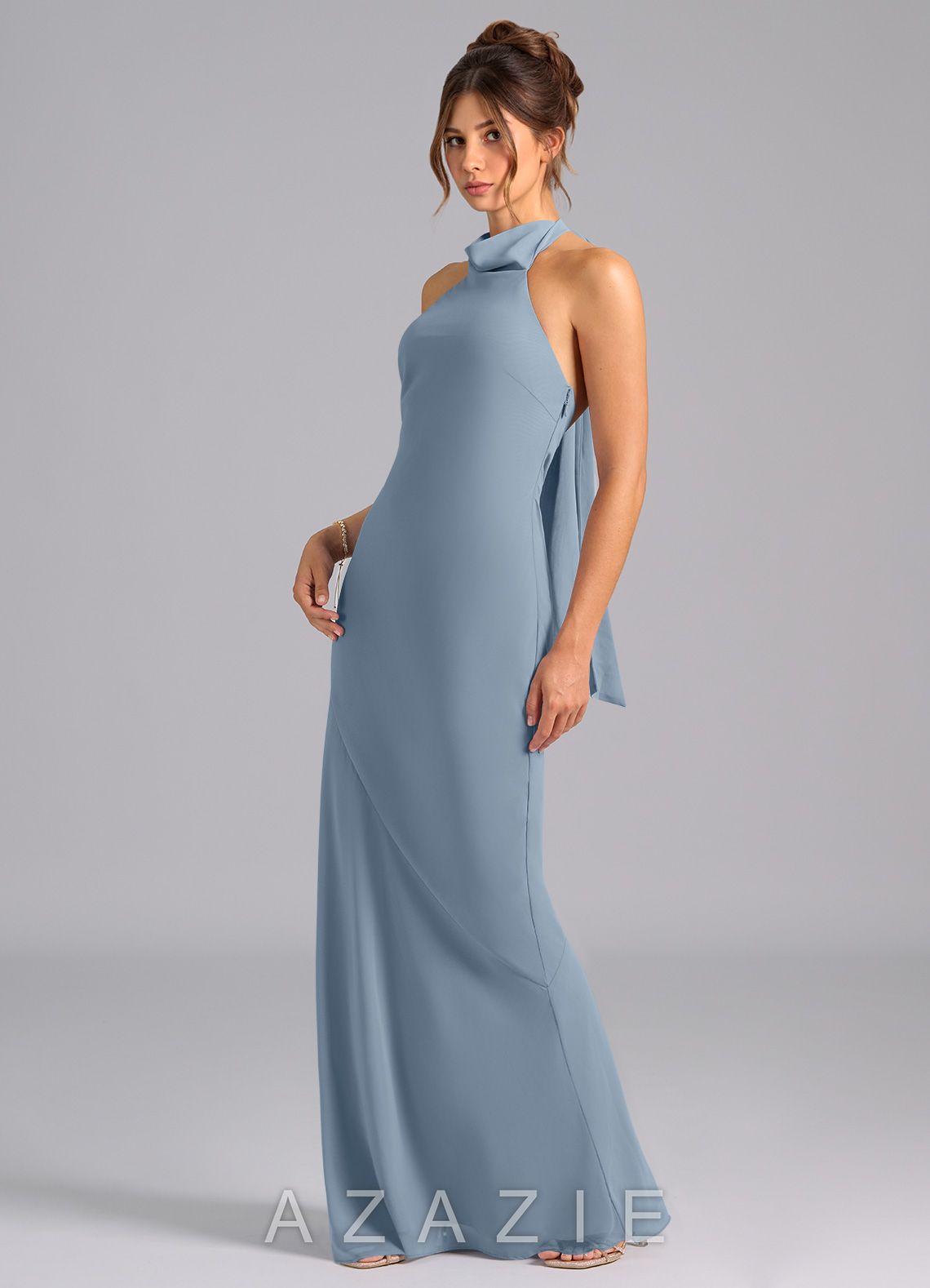 Azazie Velli Dusty Blue Mermaid High Neck Chiffon Dress