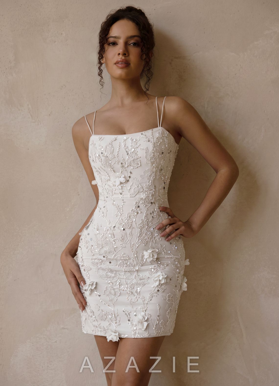 Marceline White Spaghetti Strap 3D Floral Lace-Up Bodycon Mini Dress