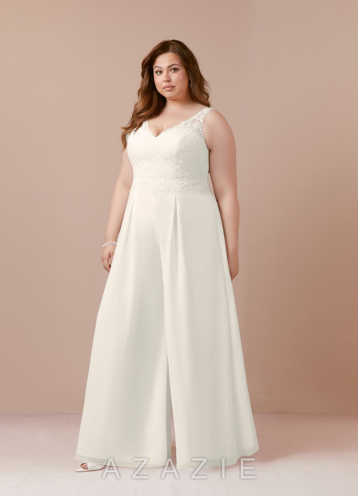 Azazie Florine Wedding Dress Cream Pant Styles V-Neck Lace Chiffon Dress cream