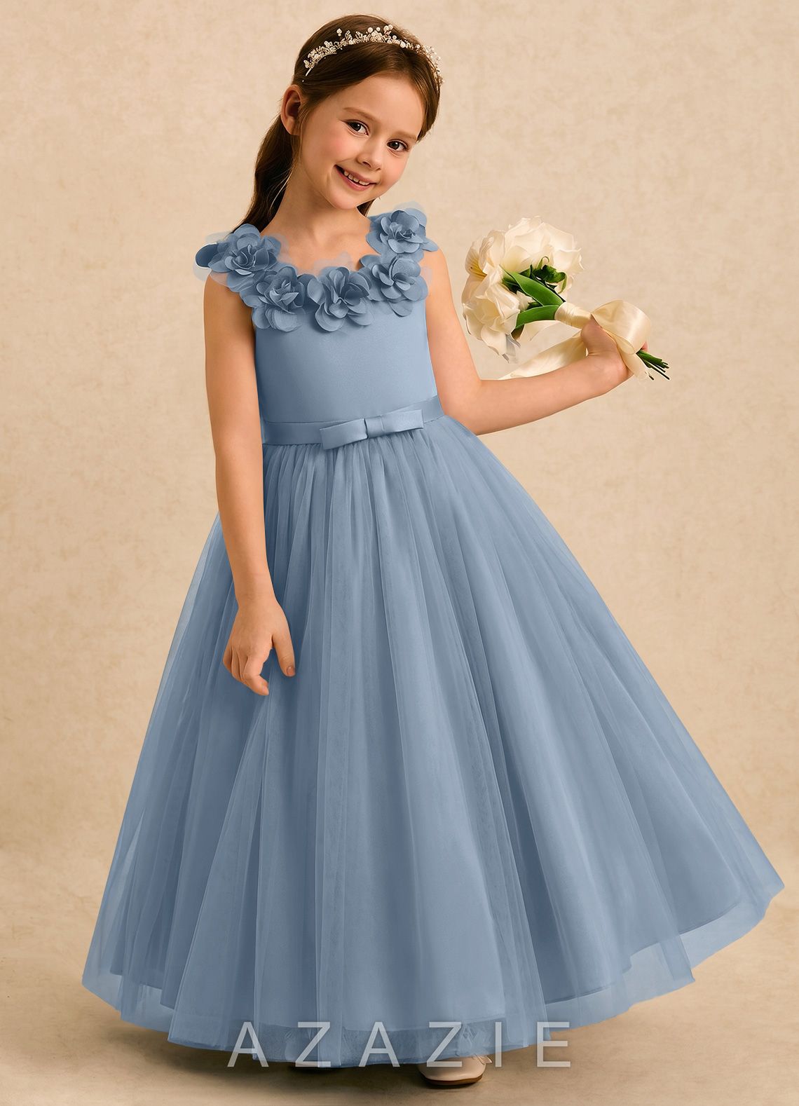Azazie Eden Dusty Blue Ball-Gown Pleated Tulle Dress dusty_blue