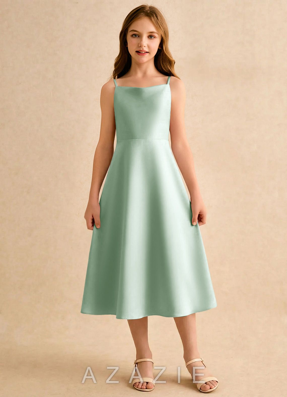 Azazie Jaella Girls Formal Agave A-Line Pleated Matte Satin Dress agave