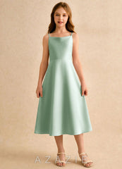 Azazie Jaella Girls Formal Agave A-Line Pleated Matte Satin Dress agave