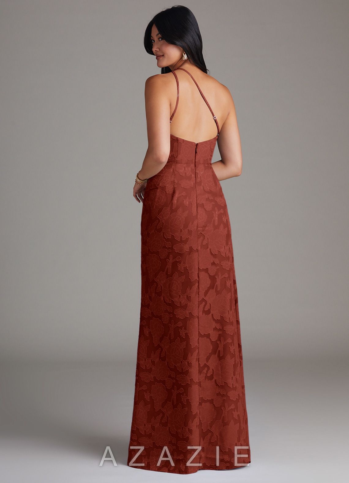 Azazie Mika Terracotta Sheath One Shoulder Floral Burnout Dress terracotta