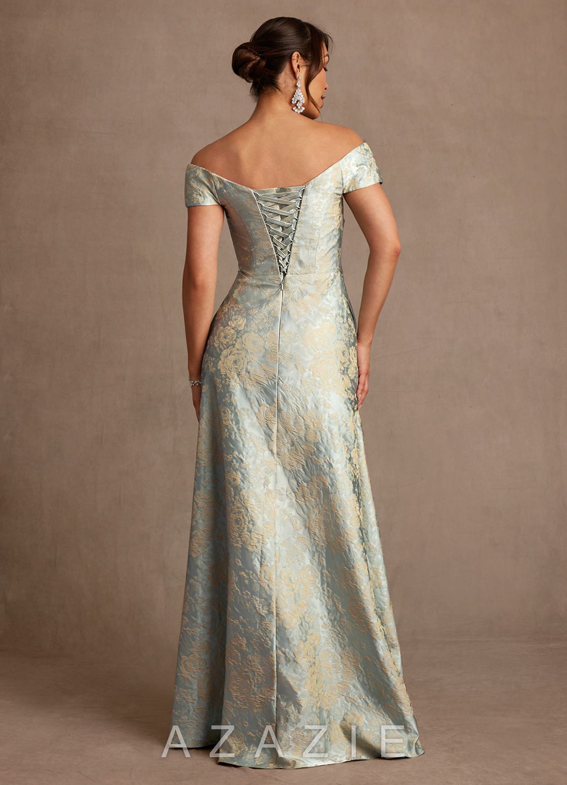 Azazie Beatrix Vintage Blue A-Line Off the Shoulder Floral Jacquard Dress vintage_blue