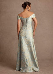 Azazie Beatrix Vintage Blue A-Line Off the Shoulder Floral Jacquard Dress vintage_blue