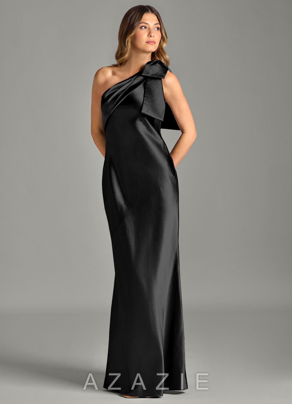 Azazie Yuanna Black Mermaid One Shoulder Metallic Satin Dress