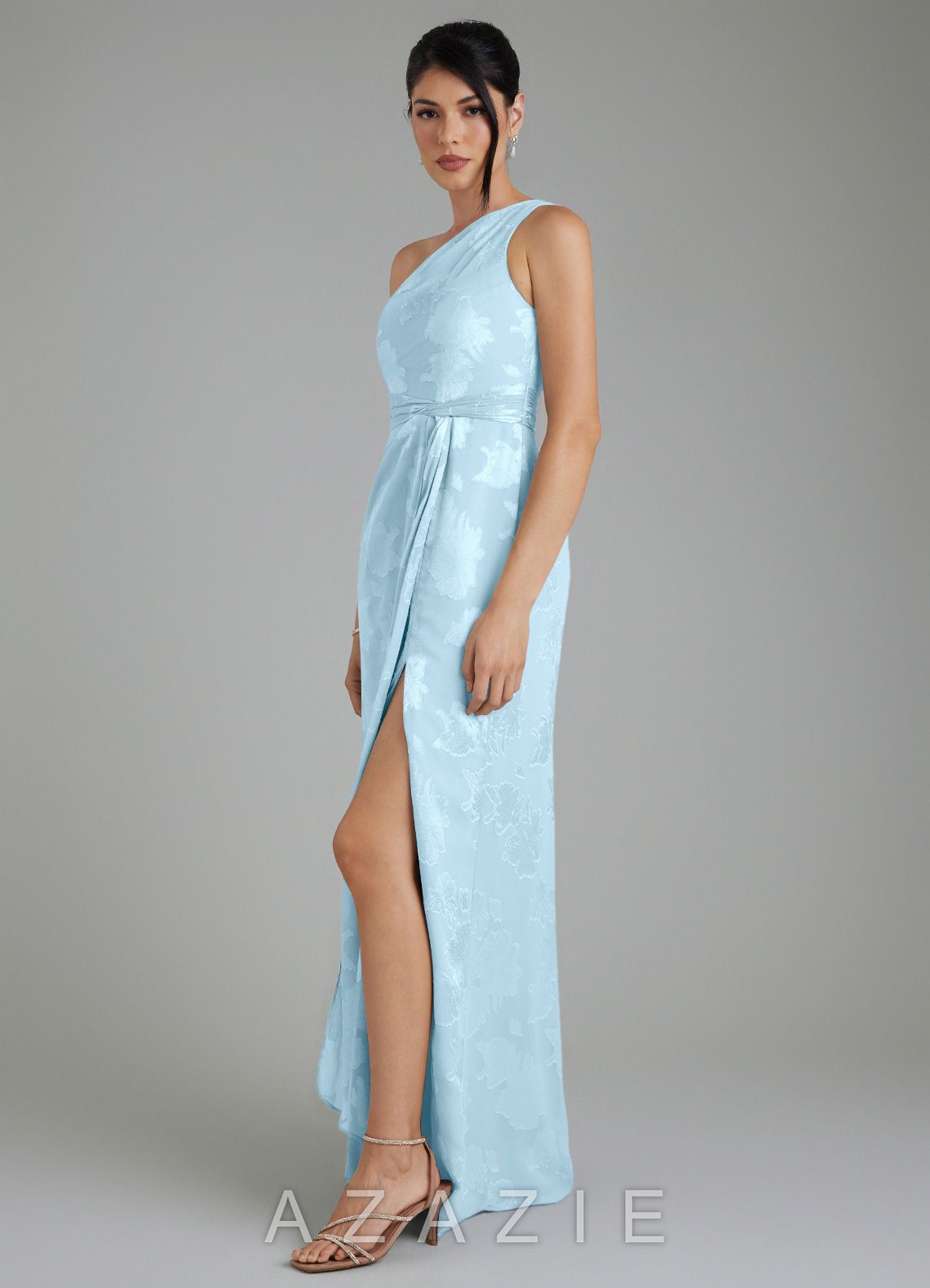 Azazie Apryl Sky Blue A-Line One Shoulder Floral Jacquard Burnout Dress sky_blue