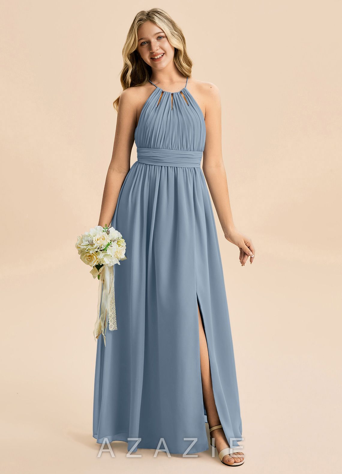 Azazie Noelle Junior Dusty Blue A-Line Pleated Chiffon Dress dusty_blue