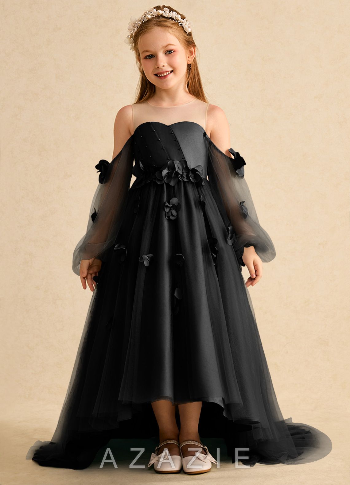 Azazie Karrie Black A-Line with Sleeves Tulle Dress