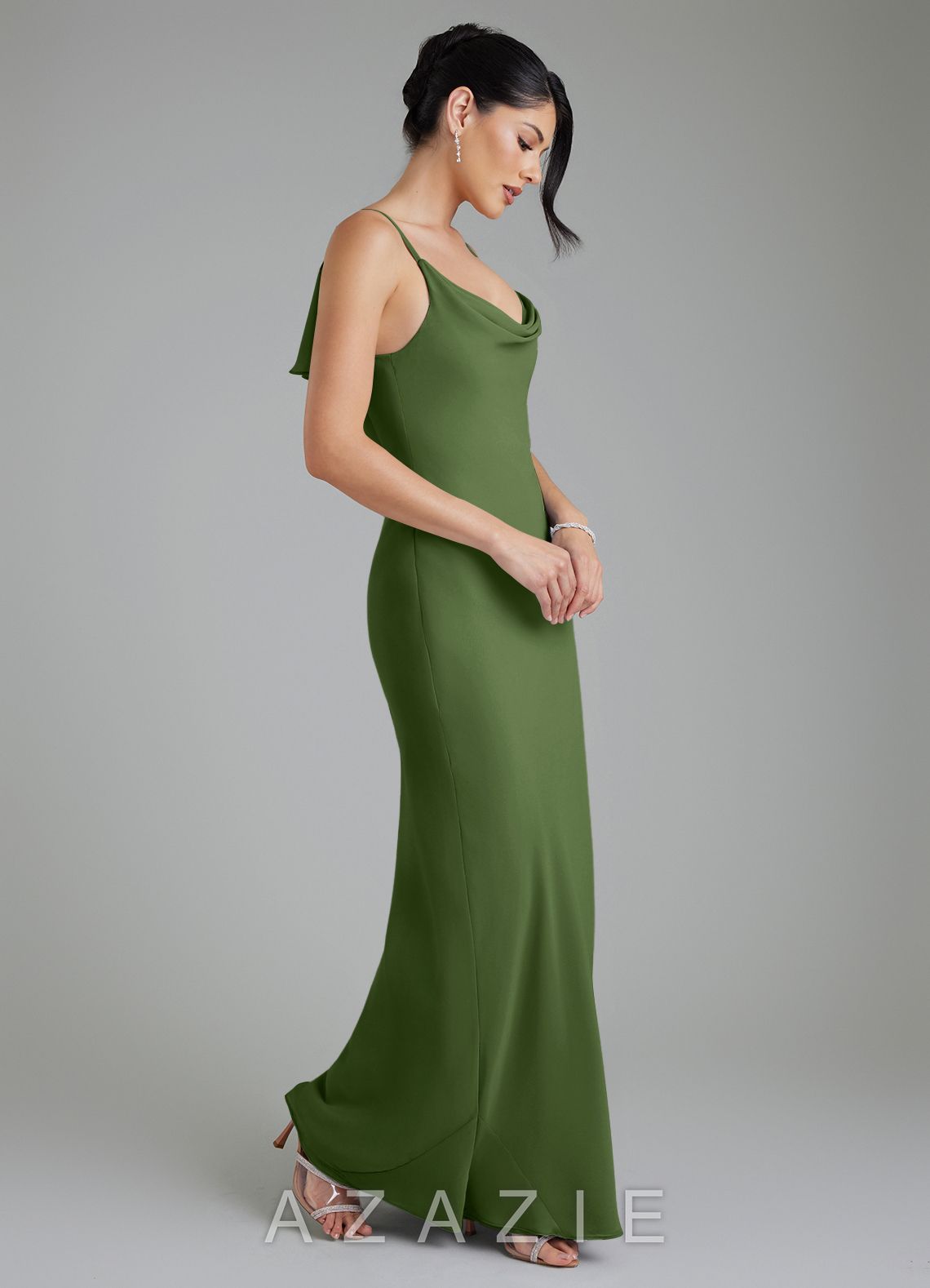 Azazie Veronica Olive Sheath Chiffon Dress olive