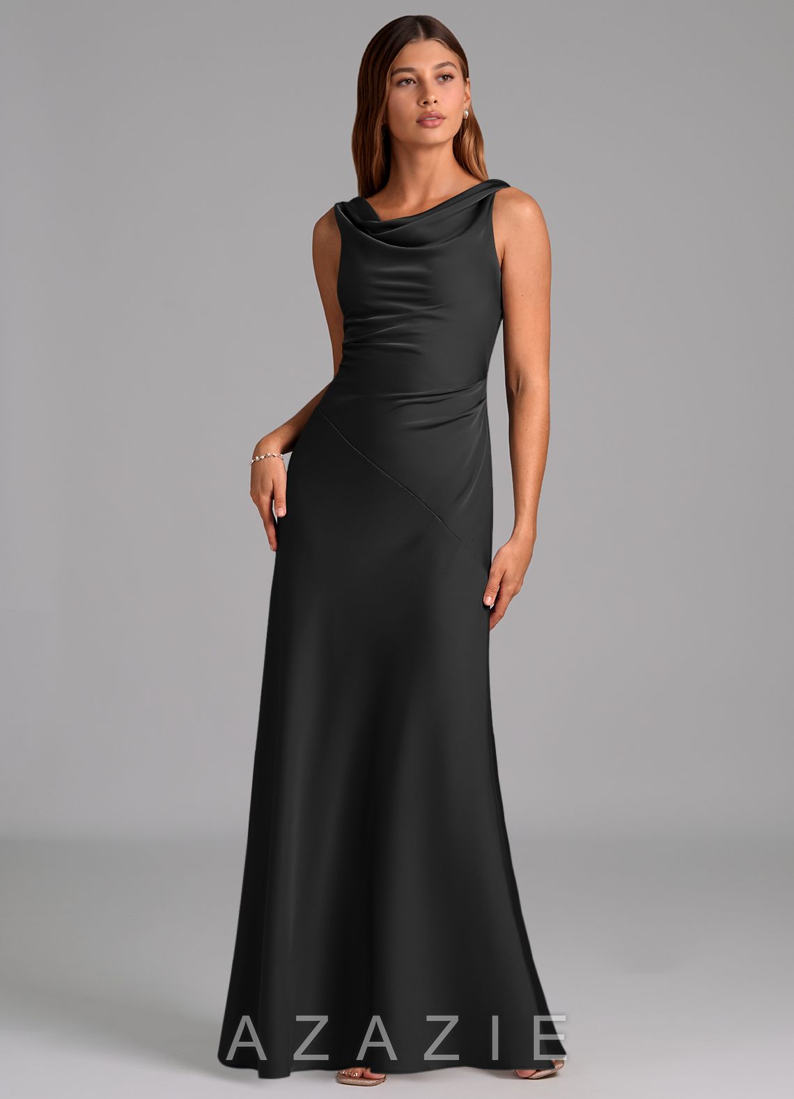 Azazie Nerine Black A-Line Pleated Stretch Satin Dress black