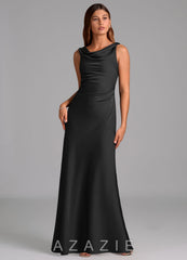 Azazie Nerine Black A-Line Pleated Stretch Satin Dress black