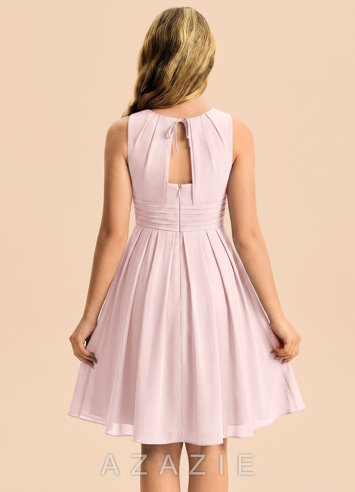 Azazie Bibiane Junior Blushing Pink A-Line Pleated Chiffon Dress blushing_pink