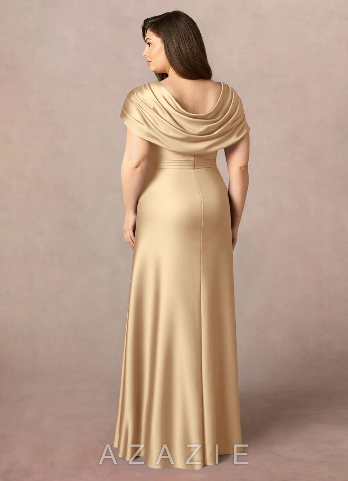 Azazie Branford Champagne A-Line Pleated Stretch Satin Dress champagne