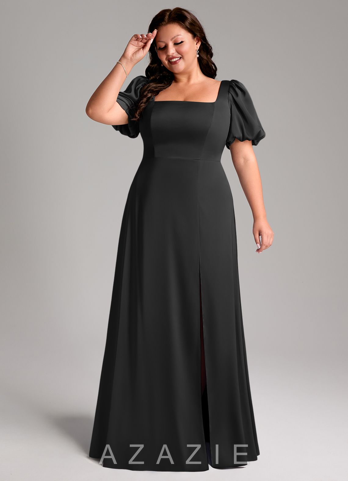 Azazie Fyona Black A-Line Pleated Stretch Satin Dress black