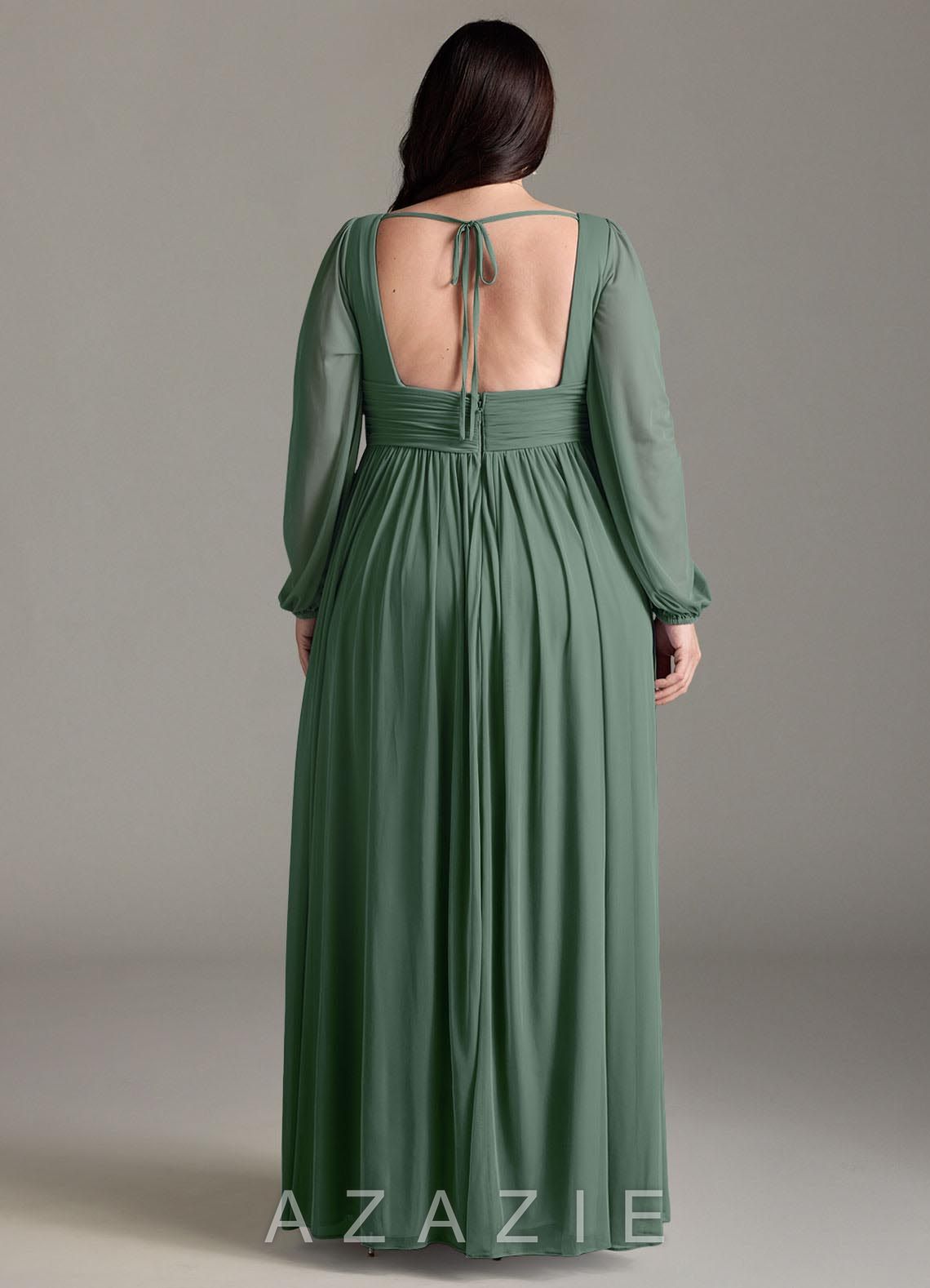 Azazie Norah Eucalyptus A-Line V-Neck Long Sleeve Chiffon Dress eucalyptus