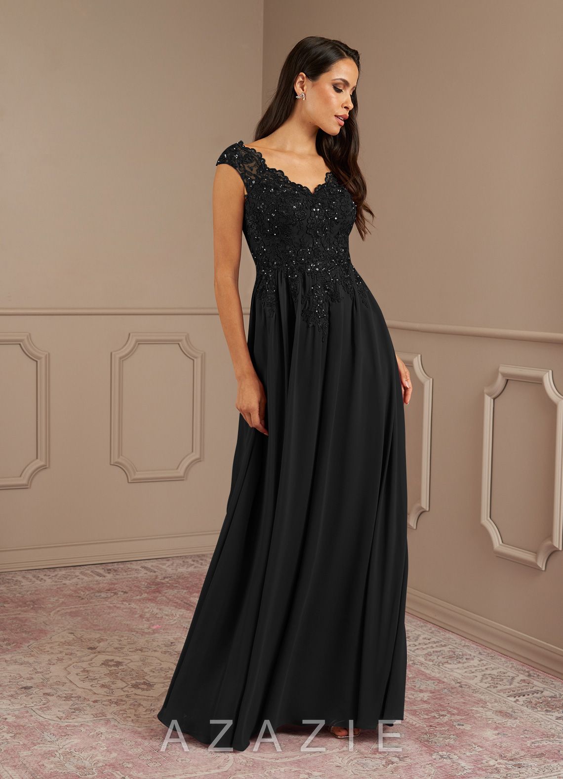 Azazie Amethyst Black A-Line V-Neck Sequins Chiffon Dress black