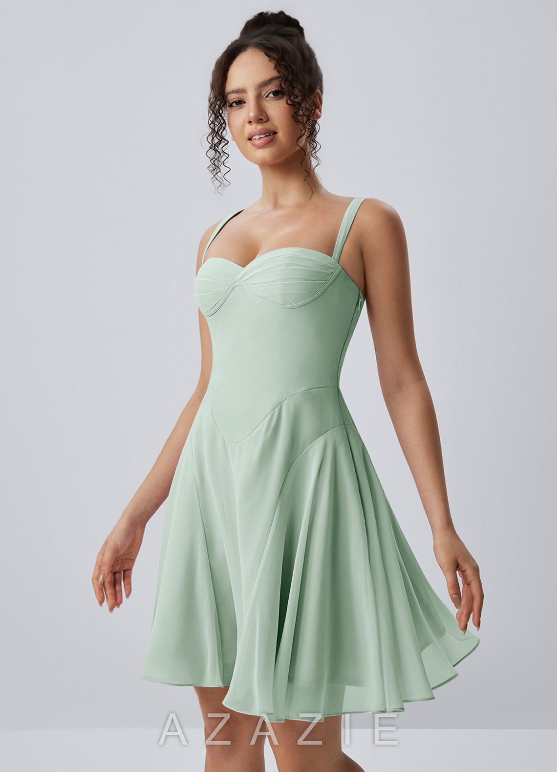 Isadora Agave Green Spaghetti Strap Chiffon Lace-Up Skater Mini Dress