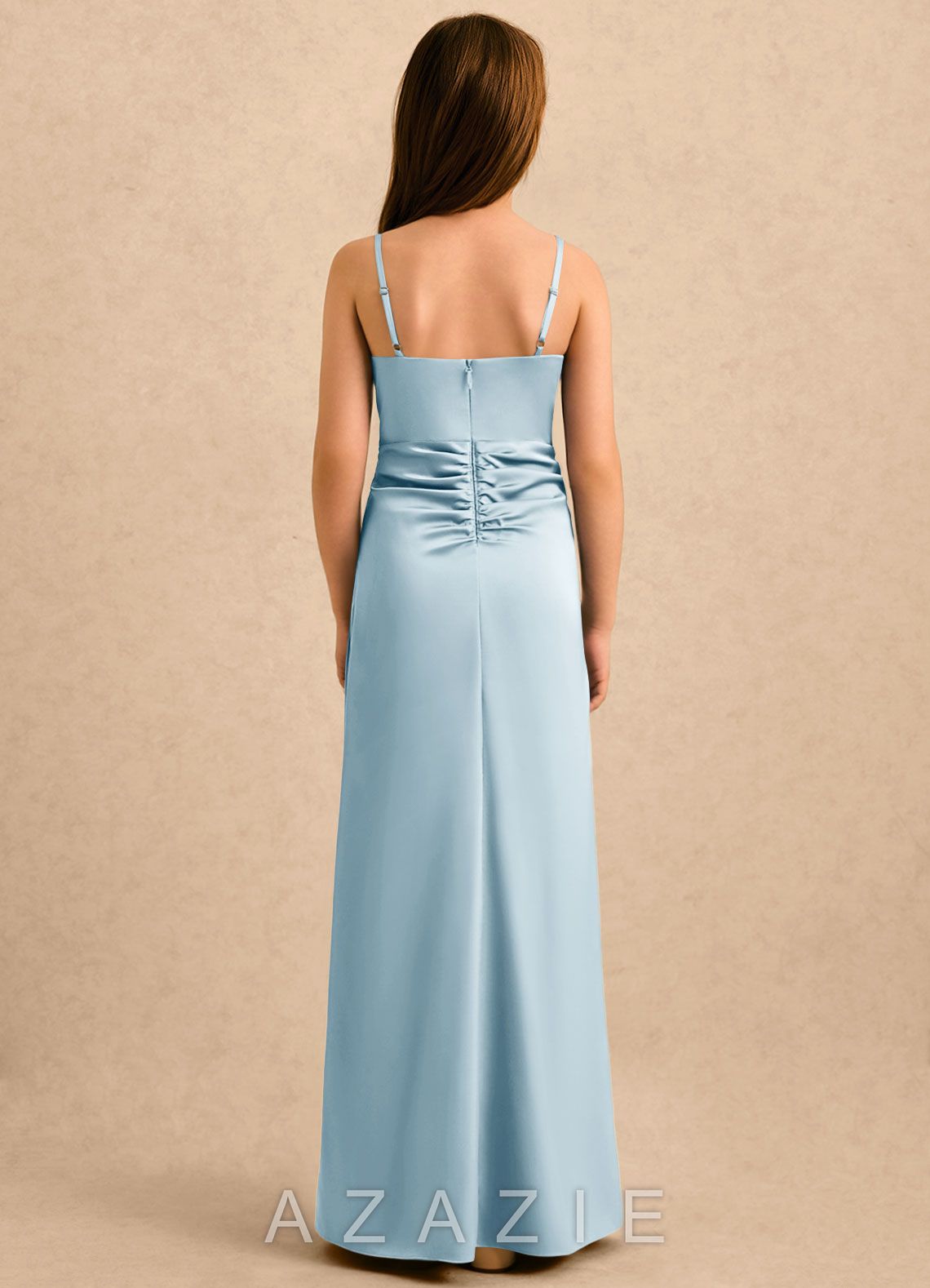 Azazie Shyla Girls Formal Sky Blue Sheath Pleated Stretch Satin Dress sky_blue
