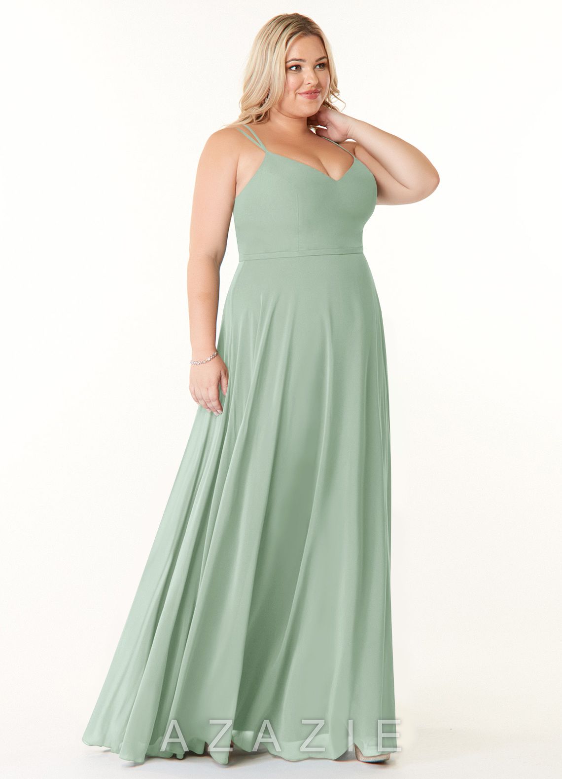 Azazie Janine Agave A-Line V-Neck Chiffon Dress agave