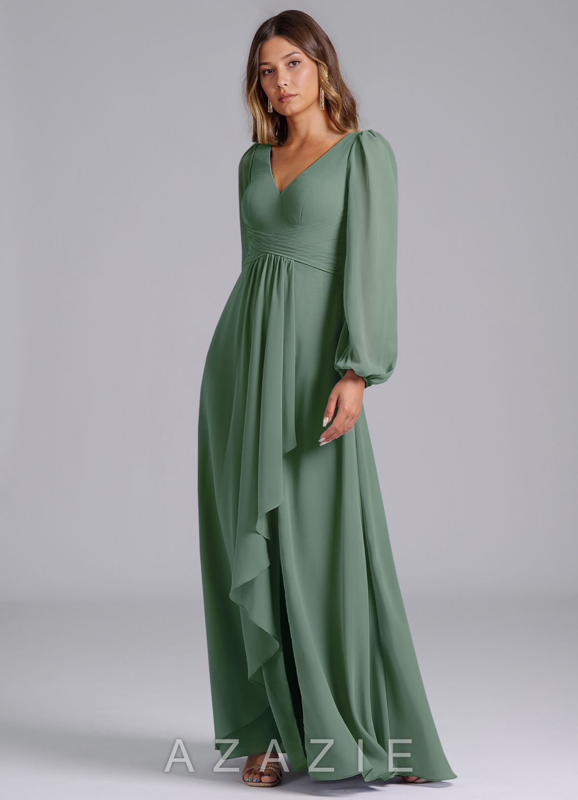 Azazie Liah Eucalyptus A-Line Long Sleeve Chiffon Dress eucalyptus