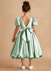 Azazie Jellybean Agave Ball-Gown Ruched Matte Satin Dress agave