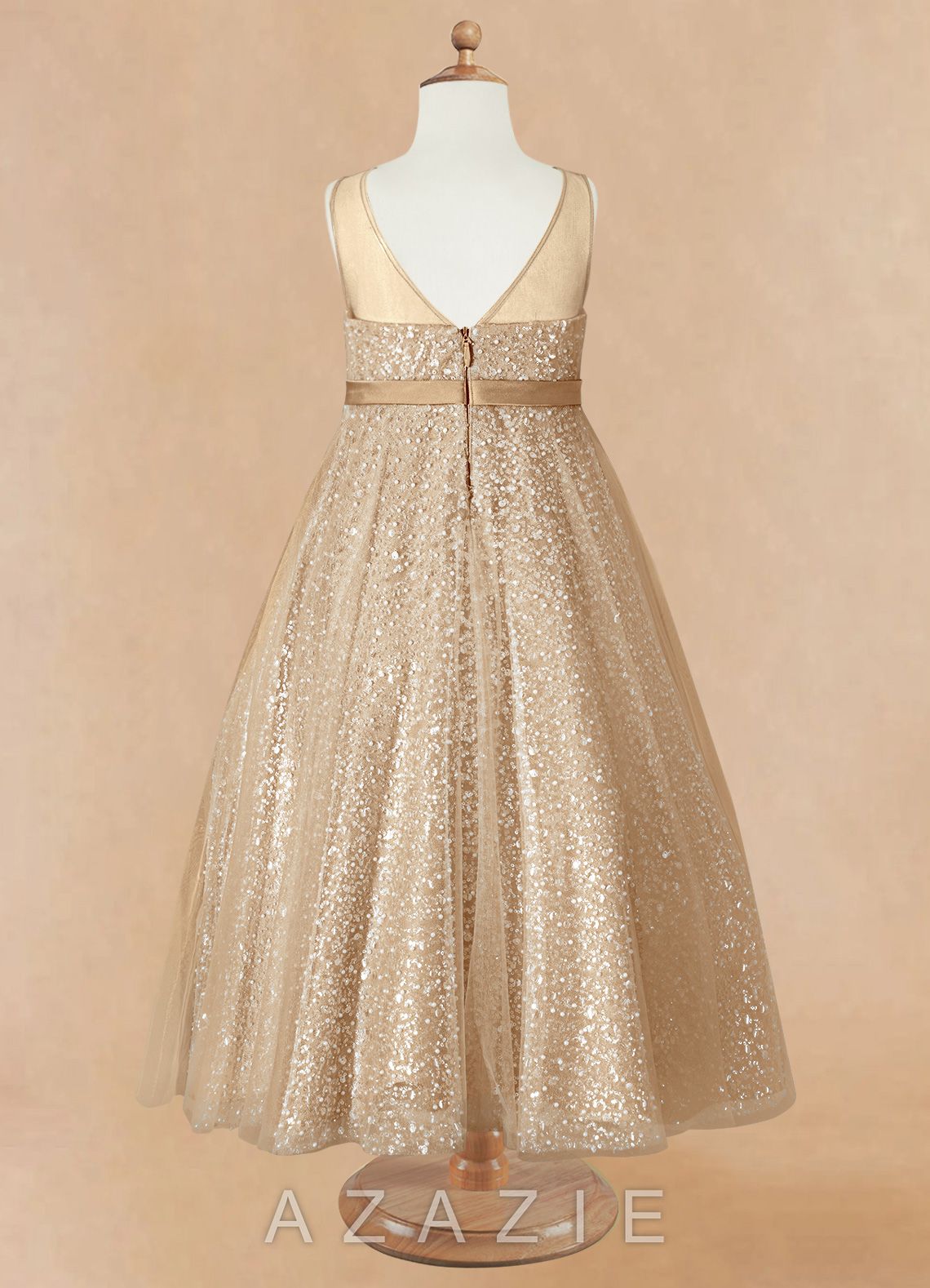 Azazie Siwa Champagne A-Line Beaded Tulle Dress champagne