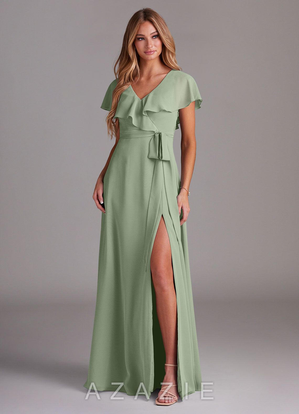 Azazie Lainey Dusty Sage A-Line with Pockets Chiffon Dress dusty_sage