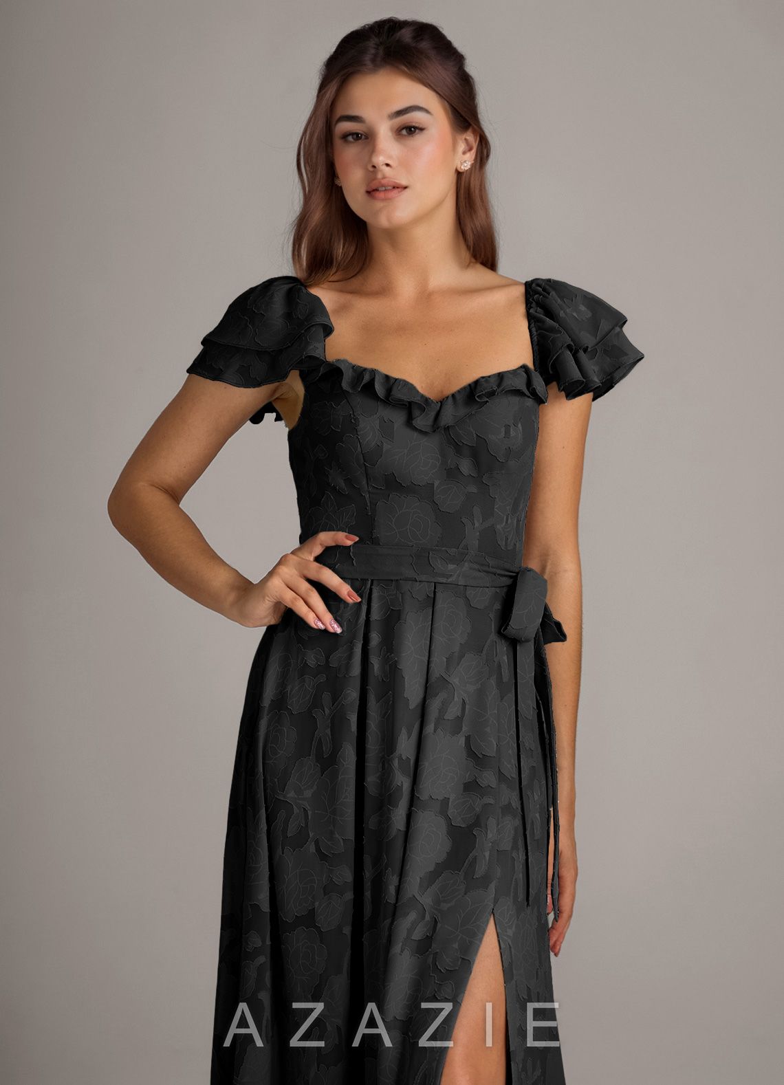 Azazie Aricella Black A-Line Corset Floral Burnout Dress black