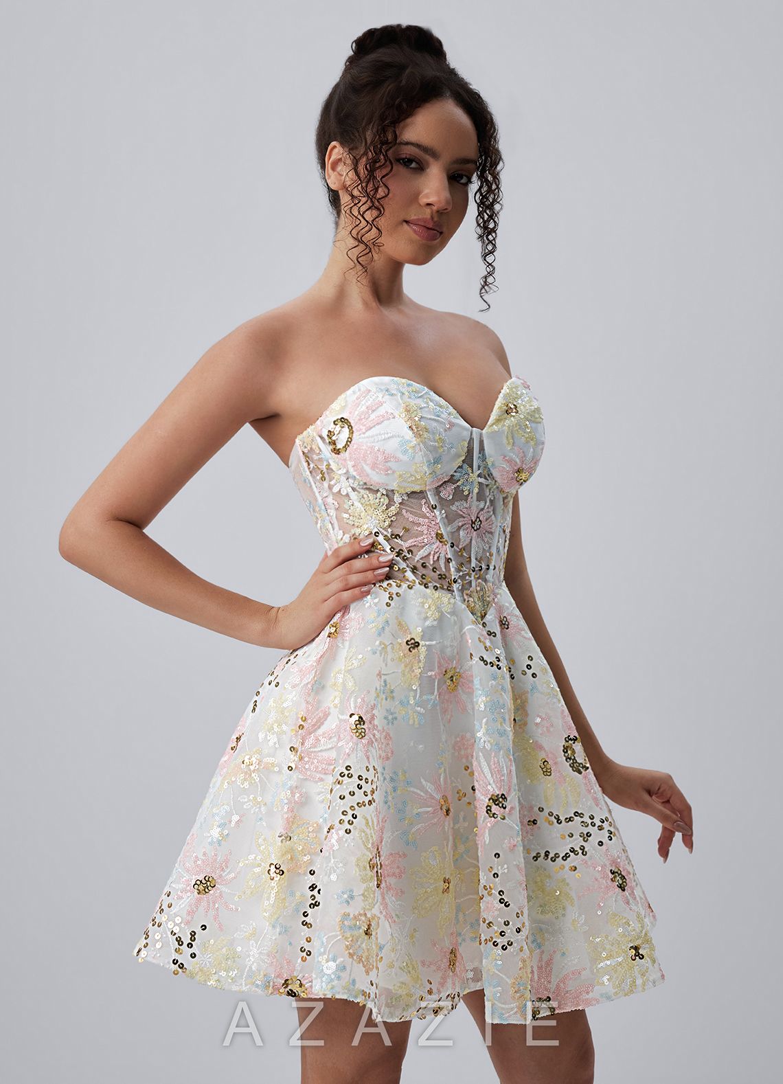Julienne Ivory Strapless Floral Sequin Corset Skater Mini Dress