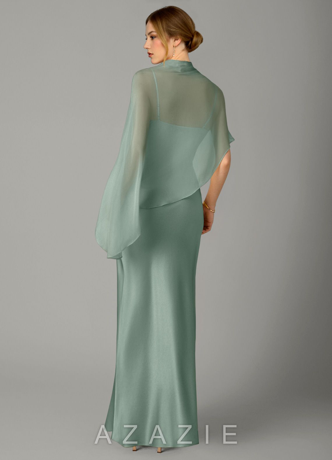 Azazie Jaleesa Agave Sheath High Neck Stretch Satin Dress agave