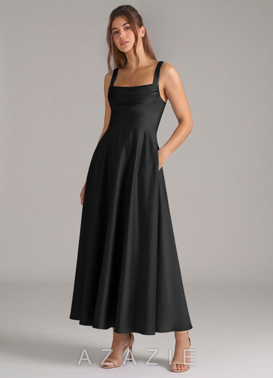 Azazie Shaude Black A-Line Pleated Stretch Satin Dress black