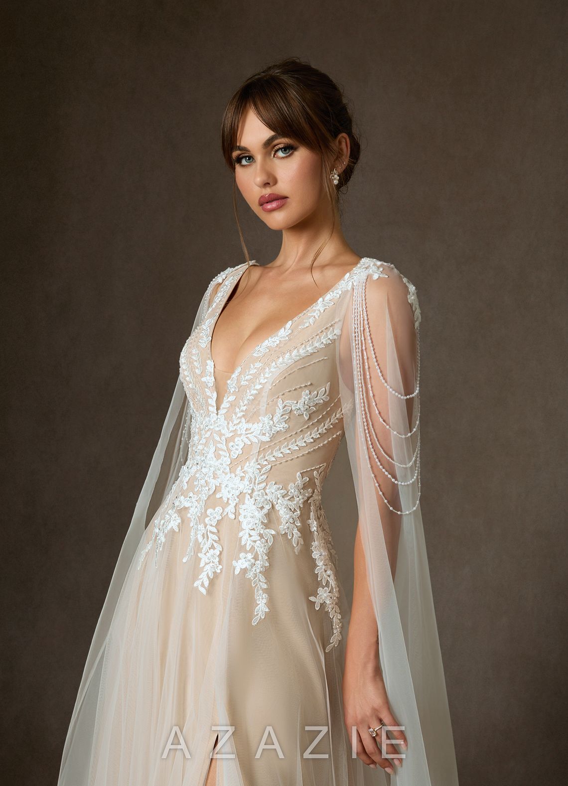 Azazie Goddess Wedding Dress Diamond White Champagne A-Line V-Neck Sequins Tulle Dress diamond_white/champagne