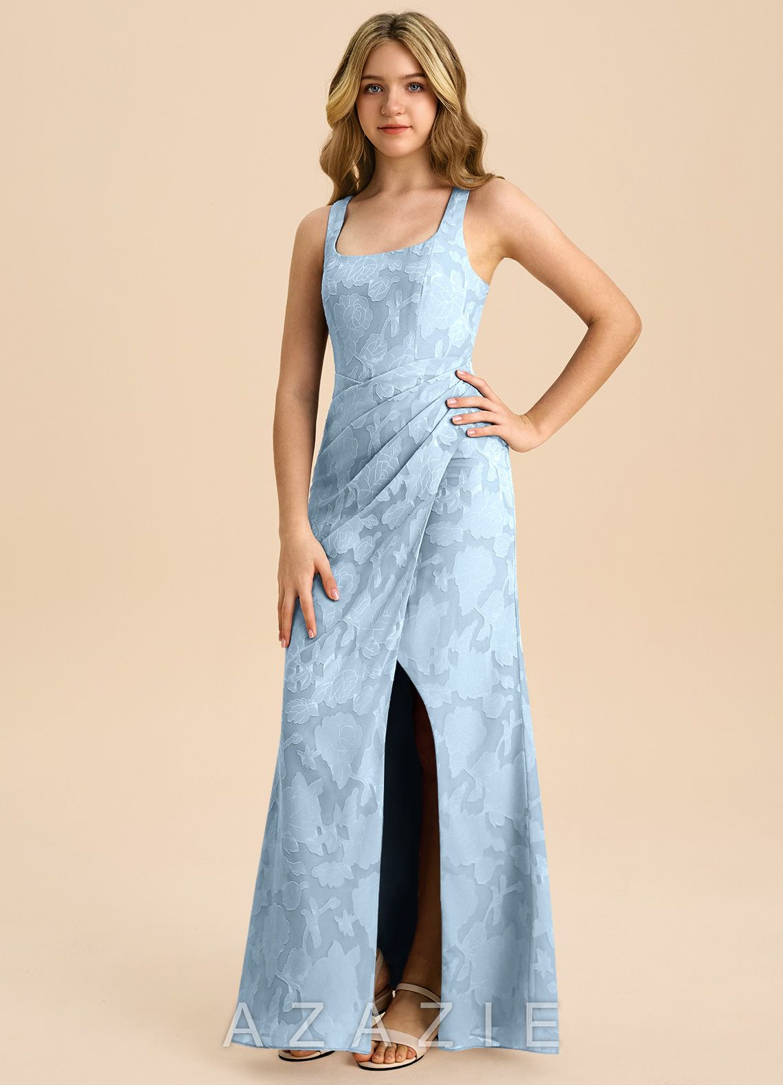 Azazie Mero Junior Sky Blue Sheath Pleated Floral Burnout Dress sky_blue