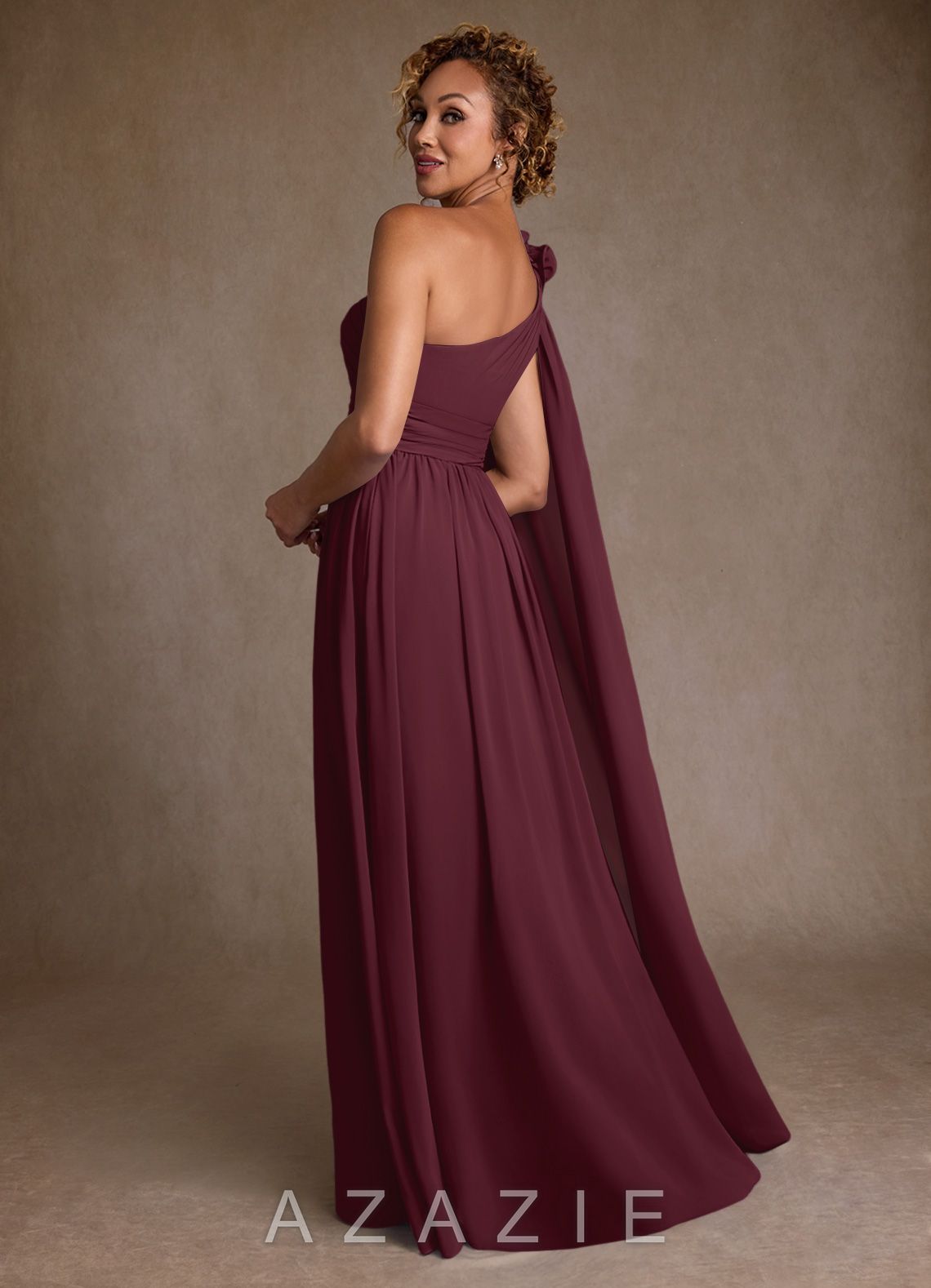 Azazie Lancaster Cabernet A-Line One Shoulder Chiffon Dress cabernet