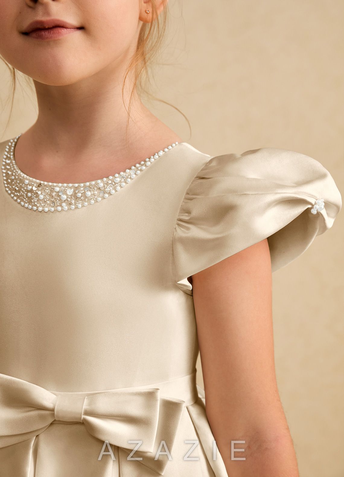 Azazie Pearl Champagne Ball-Gown Pleated Matte Satin Dress champagne