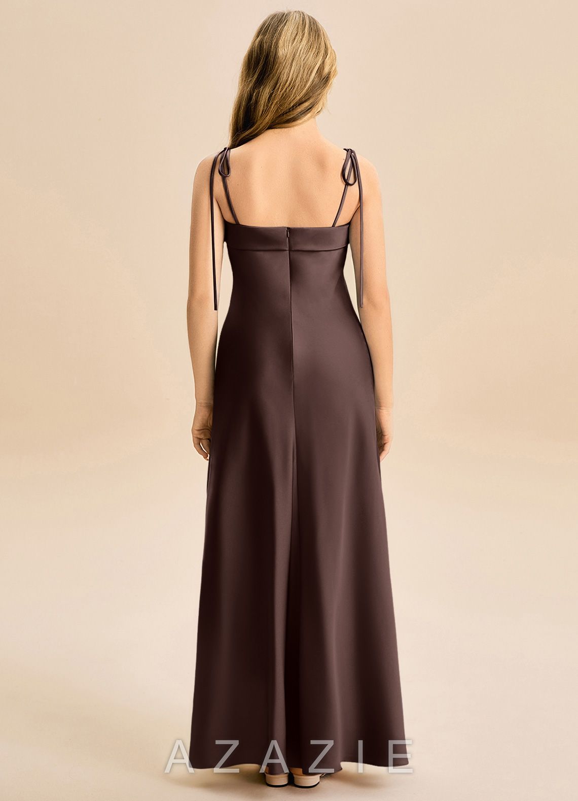 Azazie Willa Junior Ganache Mermaid Bow Stretch Satin Dress ganache