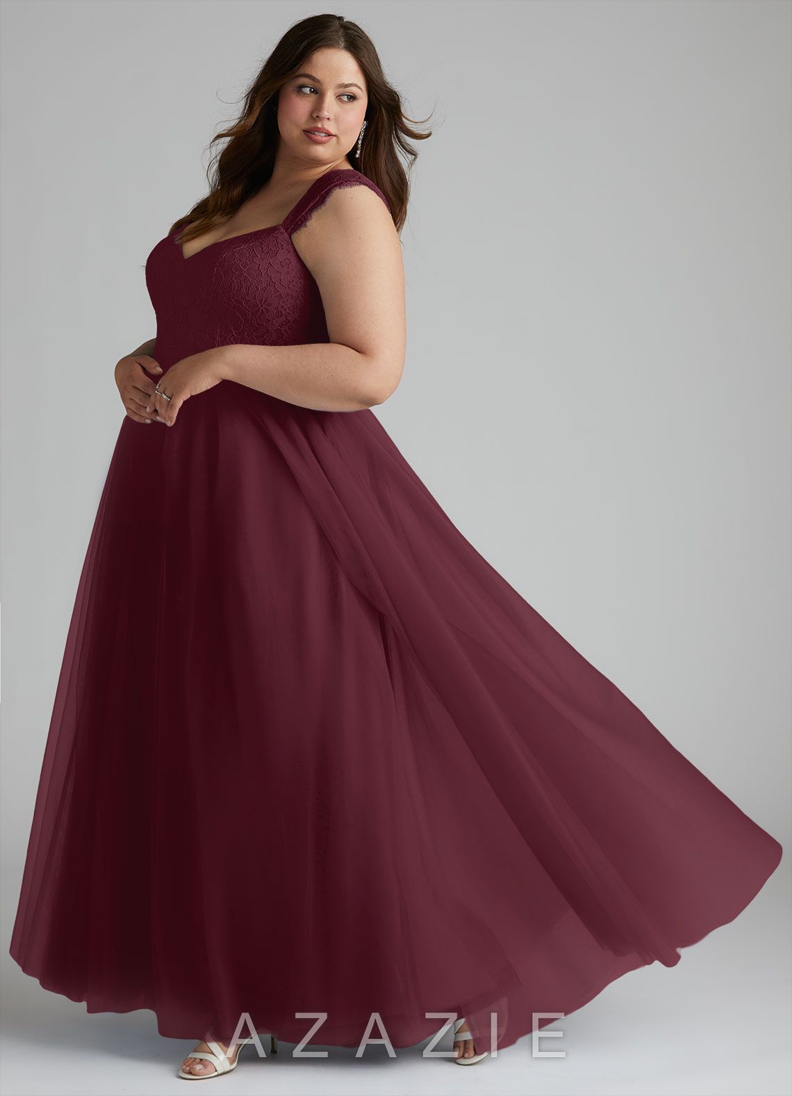Azazie Luxi Cabernet A-Line Pleated Tulle Dress cabernet