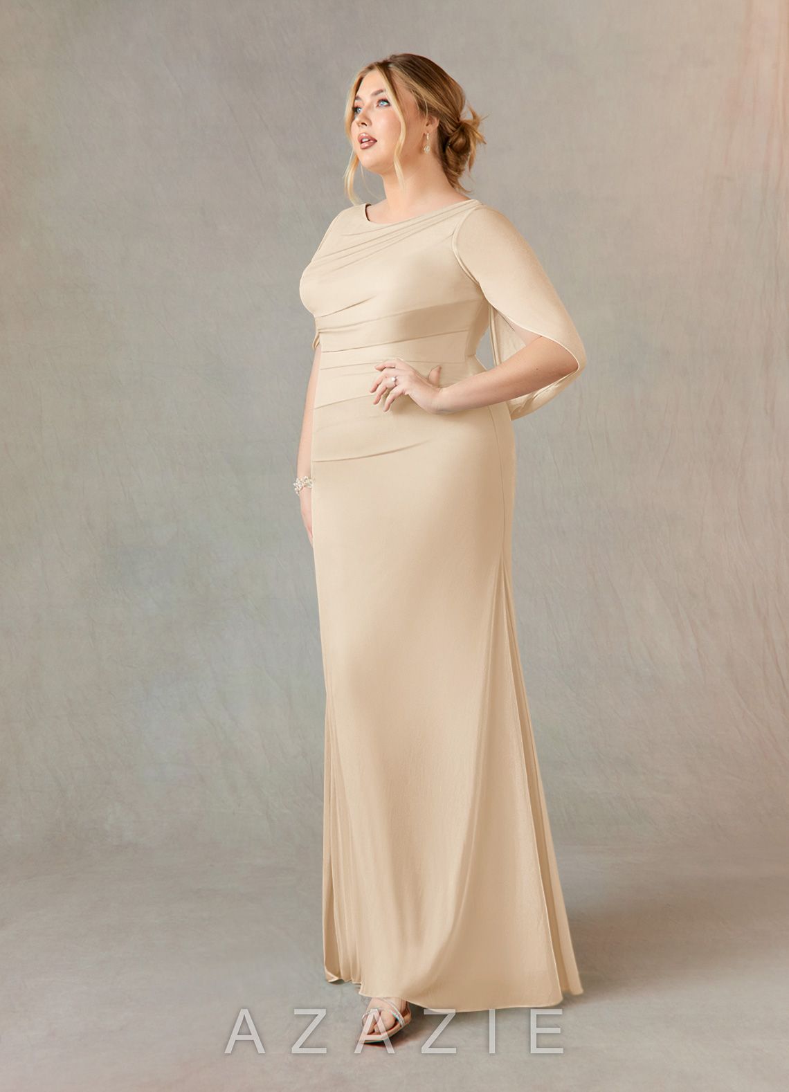 Azazie Belladonna Champagne Mermaid Scoop Pleated Mesh Dress champagne