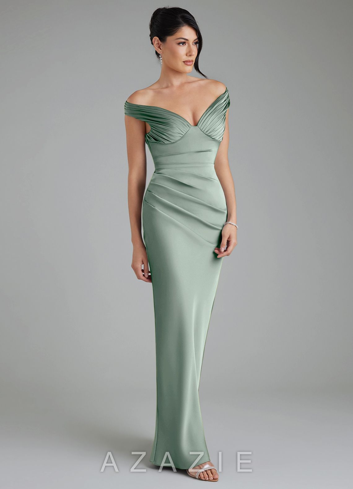 Azazie Stella Agave Sheath Corset Stretch Satin Convertible Dress agave