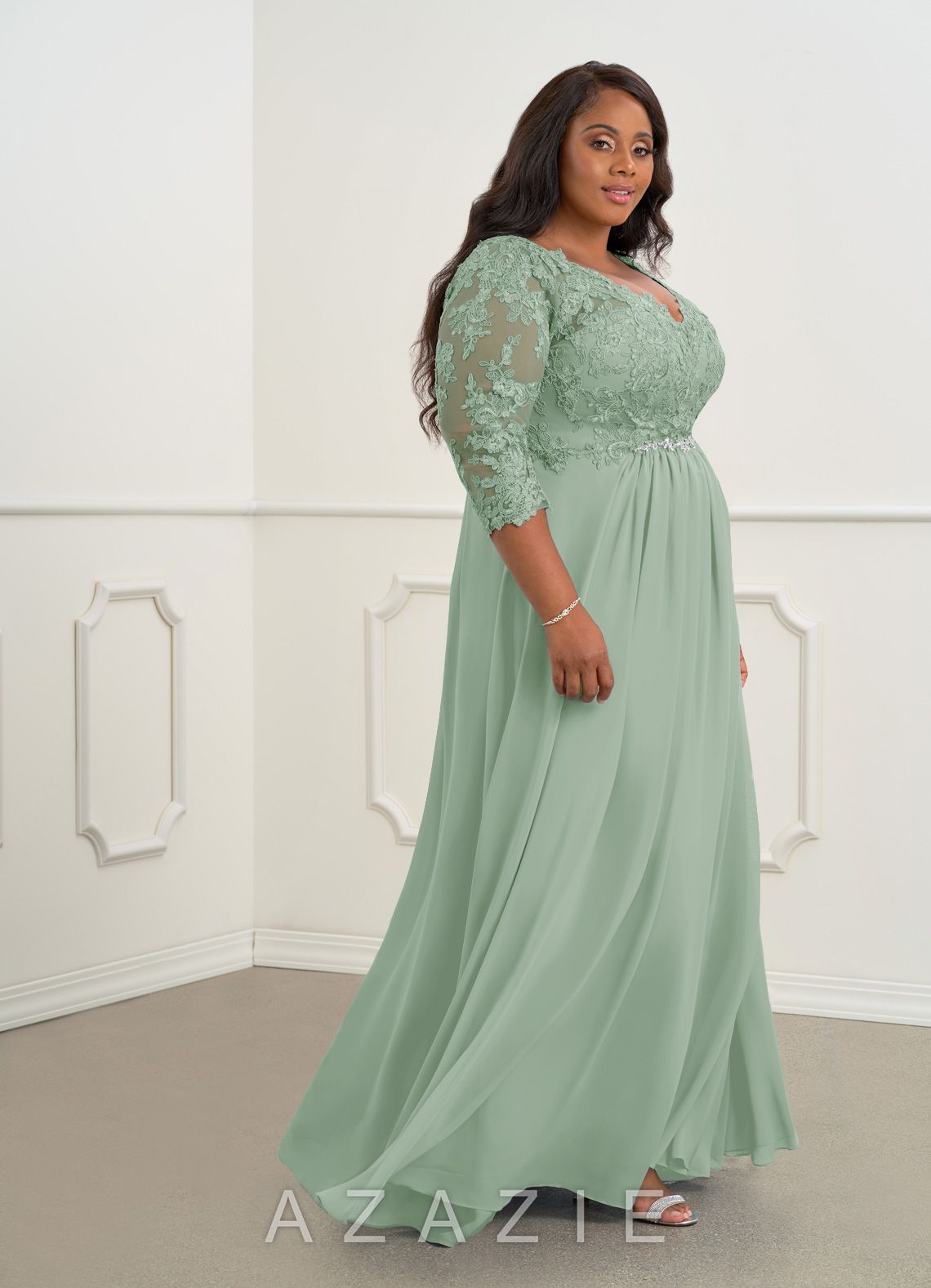 Azazie Hayek Agave A-Line V-Neck Lace Chiffon Dress agave
