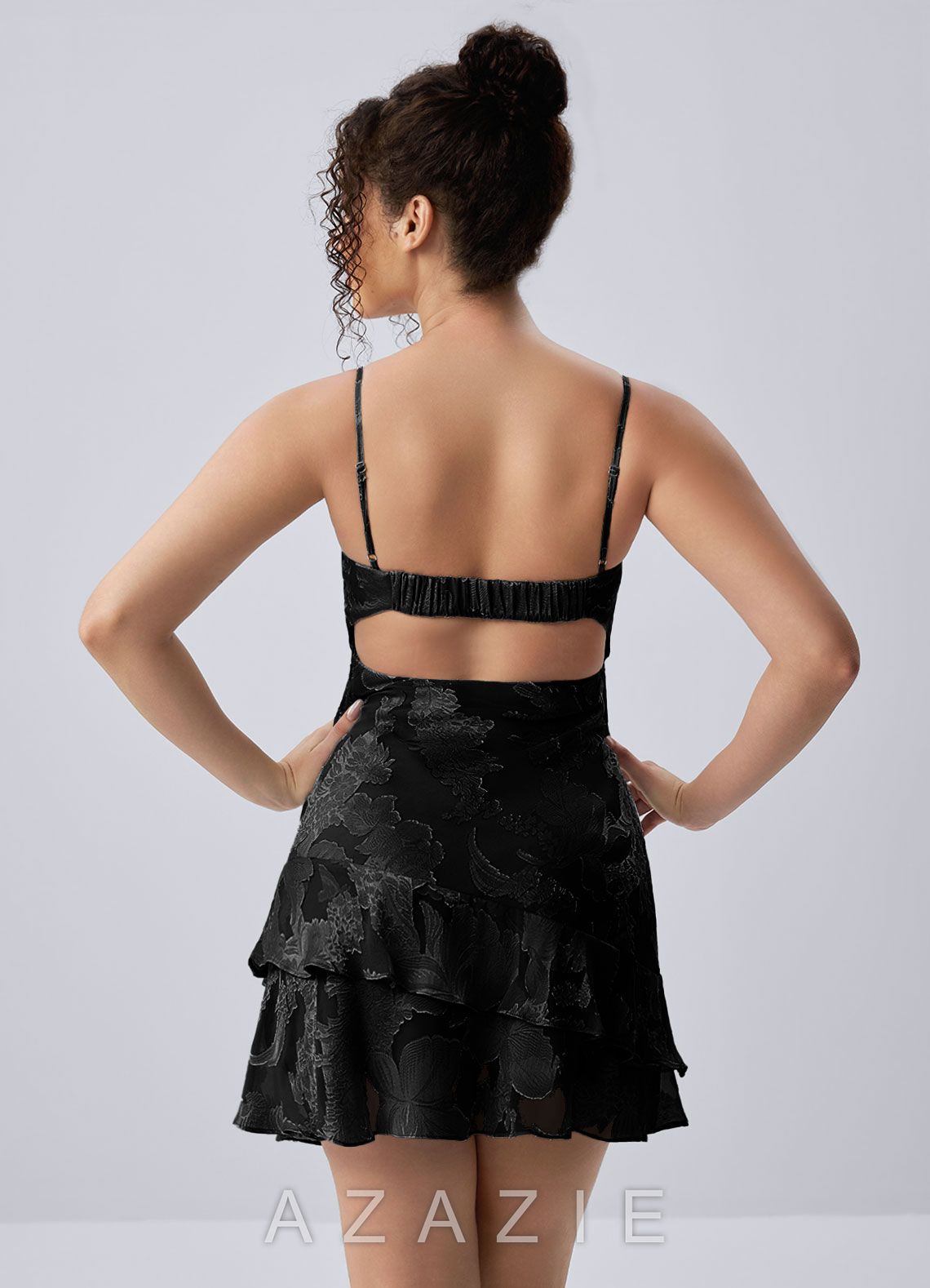 Hortense Black Spaghetti Strap Floral Ruffle Open Back Mini Dress