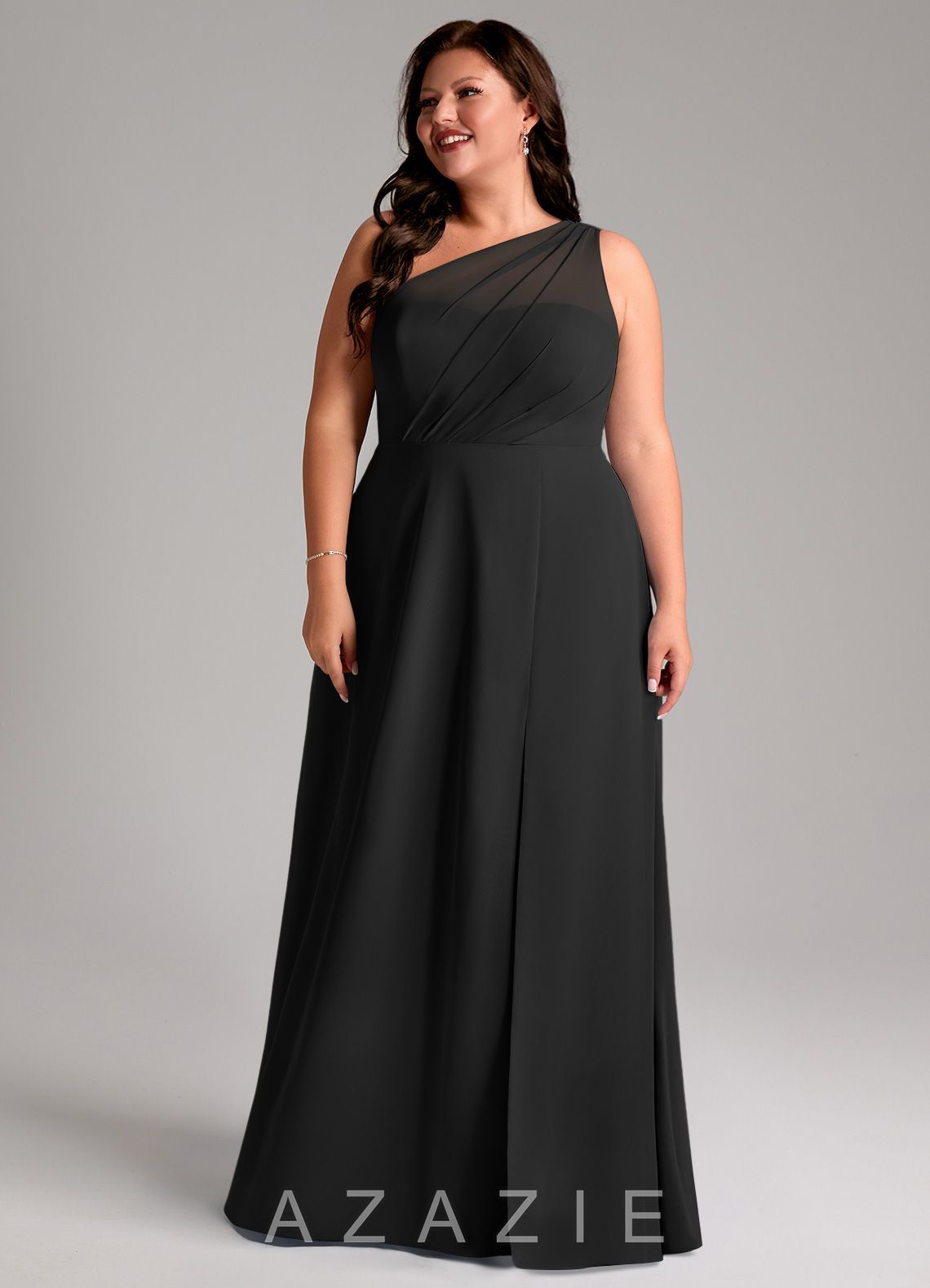 Azazie Phaedra Black A-Line One Shoulder Chiffon Dress black