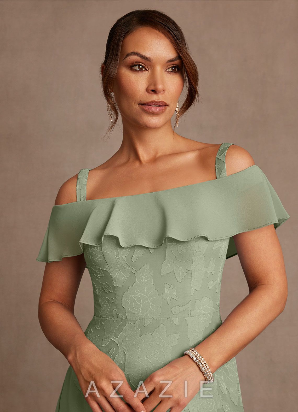 Azazie Marina Agave A-Line Off the Shoulder Floral Burnout Dress agave
