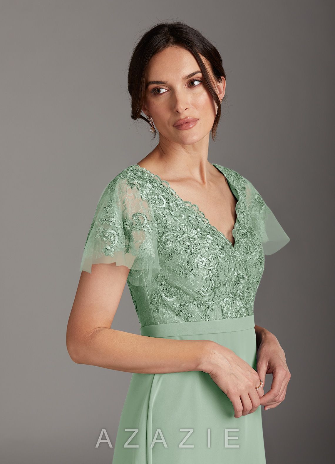 Azazie Singer Agave A-Line V-Neck Lace Chiffon Dress agave