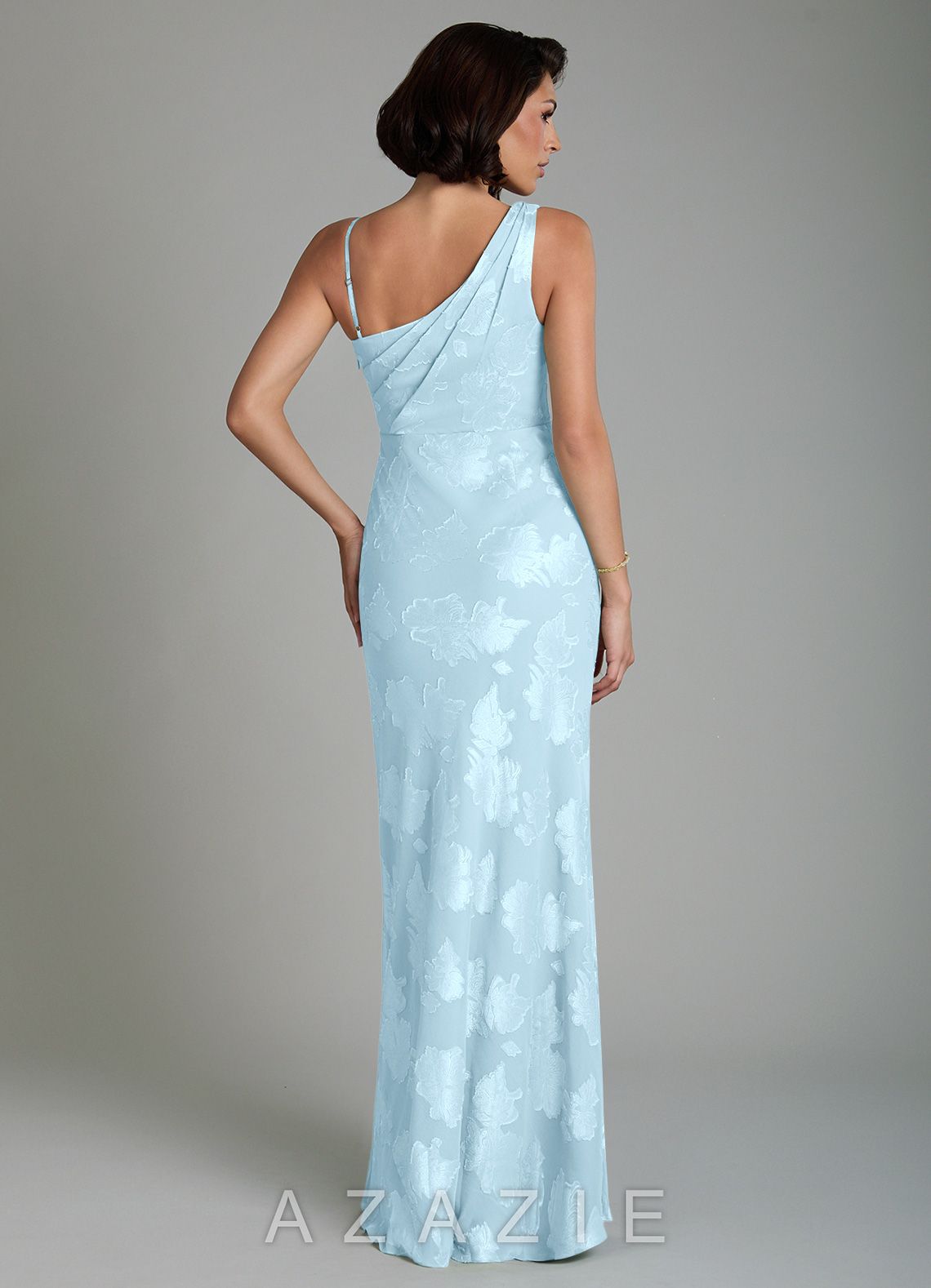 Azazie Xara Sky Blue Sheath Pleated Floral Jacquard Burnout Dress sky_blue