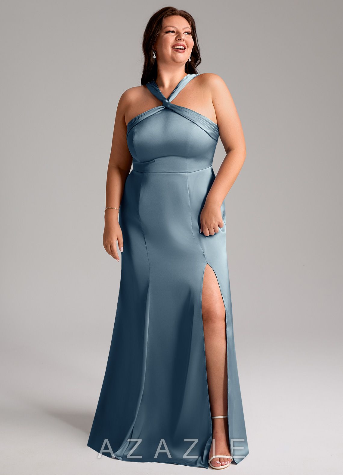 Azazie Rue Dusty Blue Mermaid Pleated Stretch Satin Dress dusty_blue
