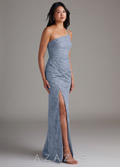 Azazie Eren Dusty Blue Sheath One Shoulder Floral Burnout Dress dusty_blue