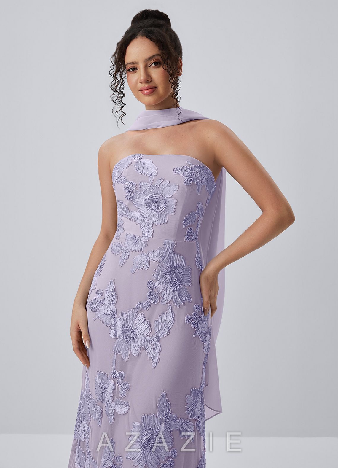 Esperanza Pale Purple Strapless 3D Floral Applique Maxi Dress