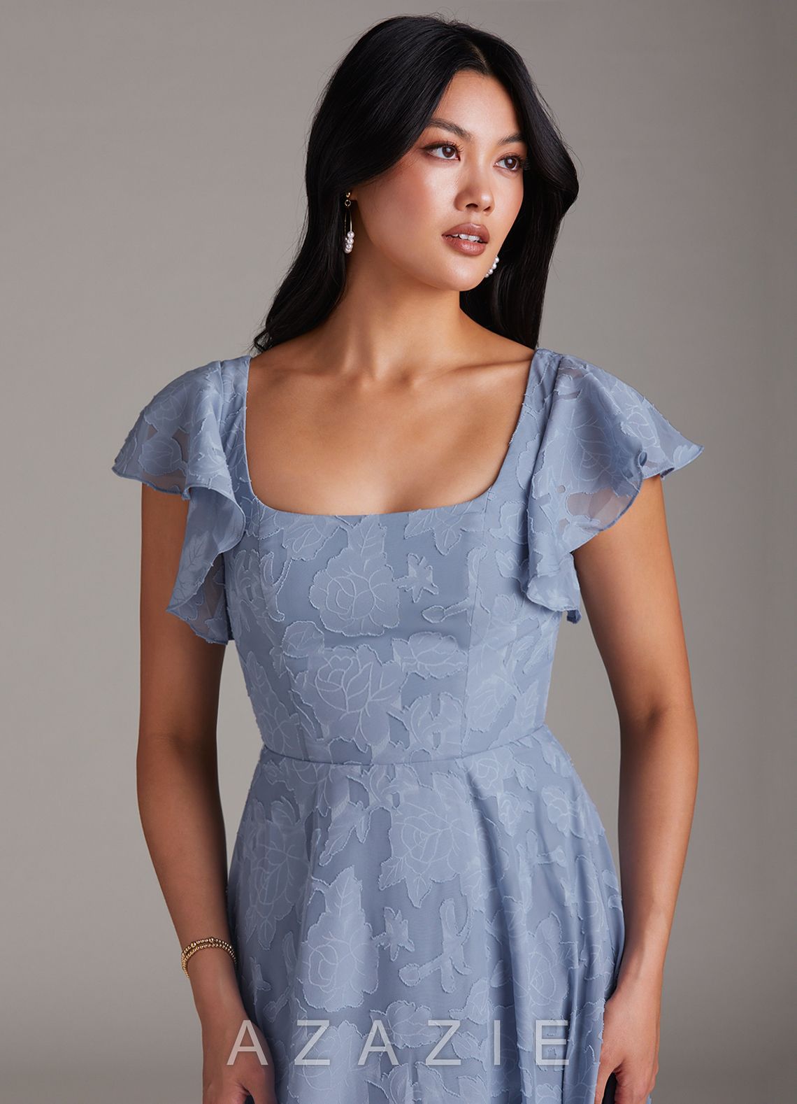 Azazie Bondi Dusty Blue A-Line Side Slit Floral Burnout Dress dusty_blue